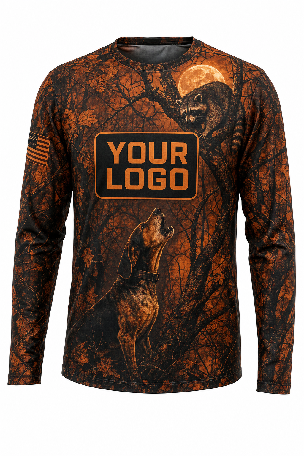 Coonhound Night Hunt Custom Hunting Team Uniform - front view, custom company logo all-over-print uniform