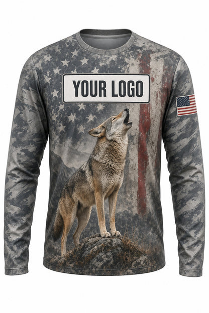 Coyote Flag Custom Hunting Team Uniform - front view, custom company logo all-over-print uniform