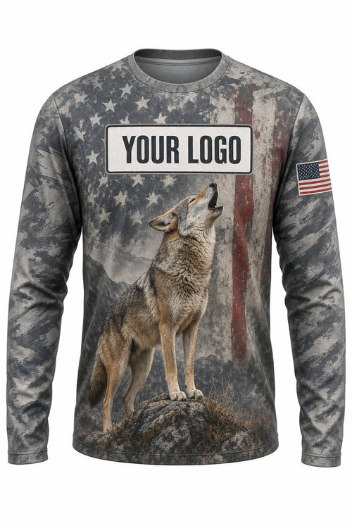 Coyote Flag Custom Hunting Team Uniform - front view, custom company logo all-over-print uniform