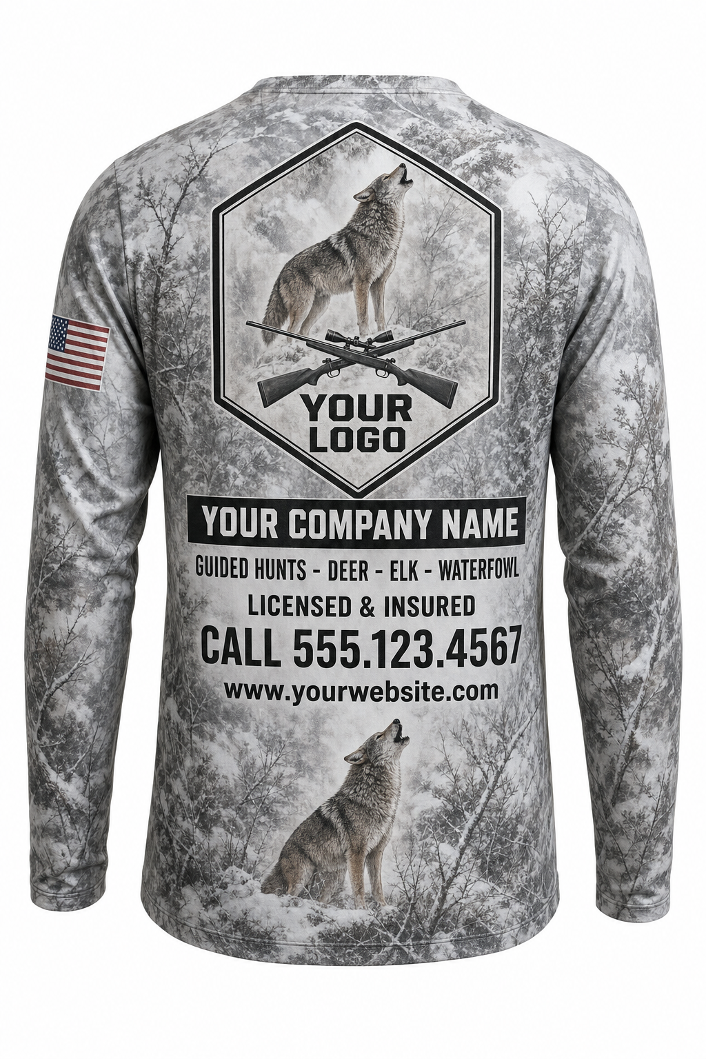 Coyote Predator Custom Hunting Team Uniform - back view, custom company logo all-over-print uniform