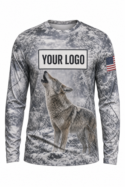 Coyote Predator Custom Hunting Team Uniform - front view, custom company logo all-over-print uniform
