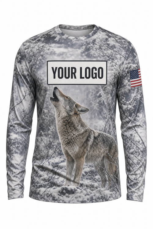 Coyote Predator Custom Hunting Team Uniform - front view, custom company logo all-over-print uniform