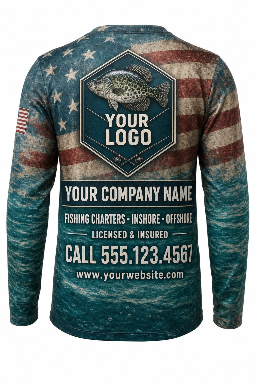 Crappie Flag Custom Fishing Team Uniform - back view, custom company logo all-over-print uniform