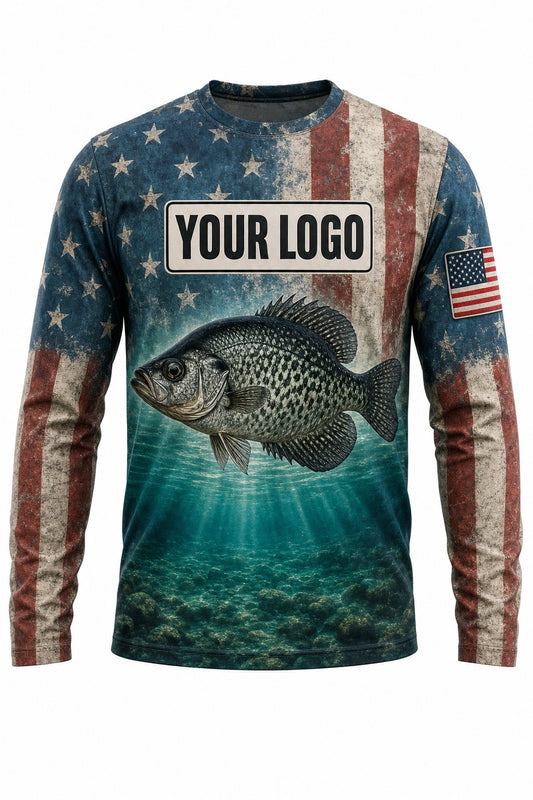 Crappie Flag Custom Fishing Team Uniform - front view, custom company logo all-over-print uniform