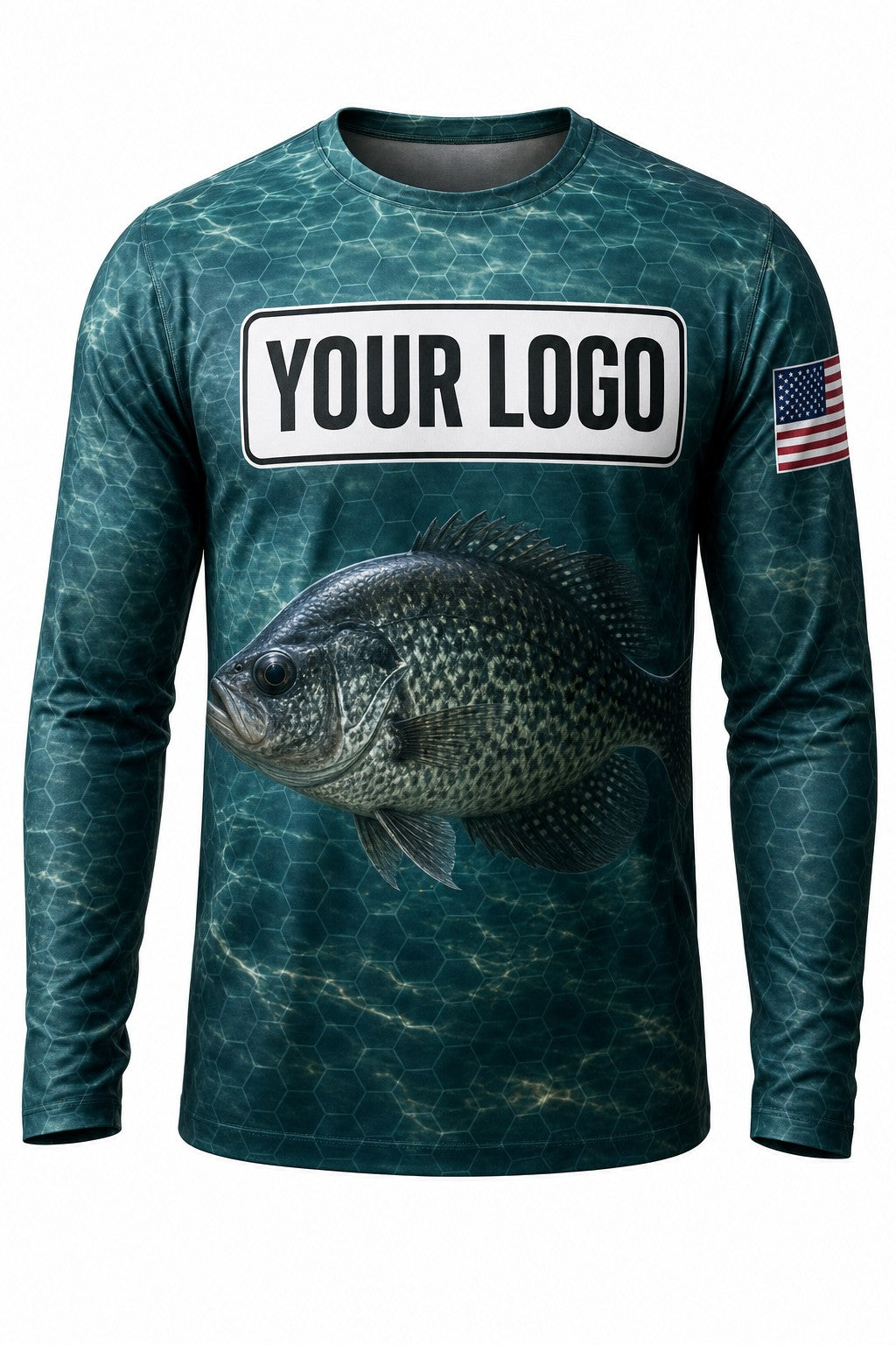 Crappie Custom Fishing Team Uniform - front view, custom company logo all-over-print uniform