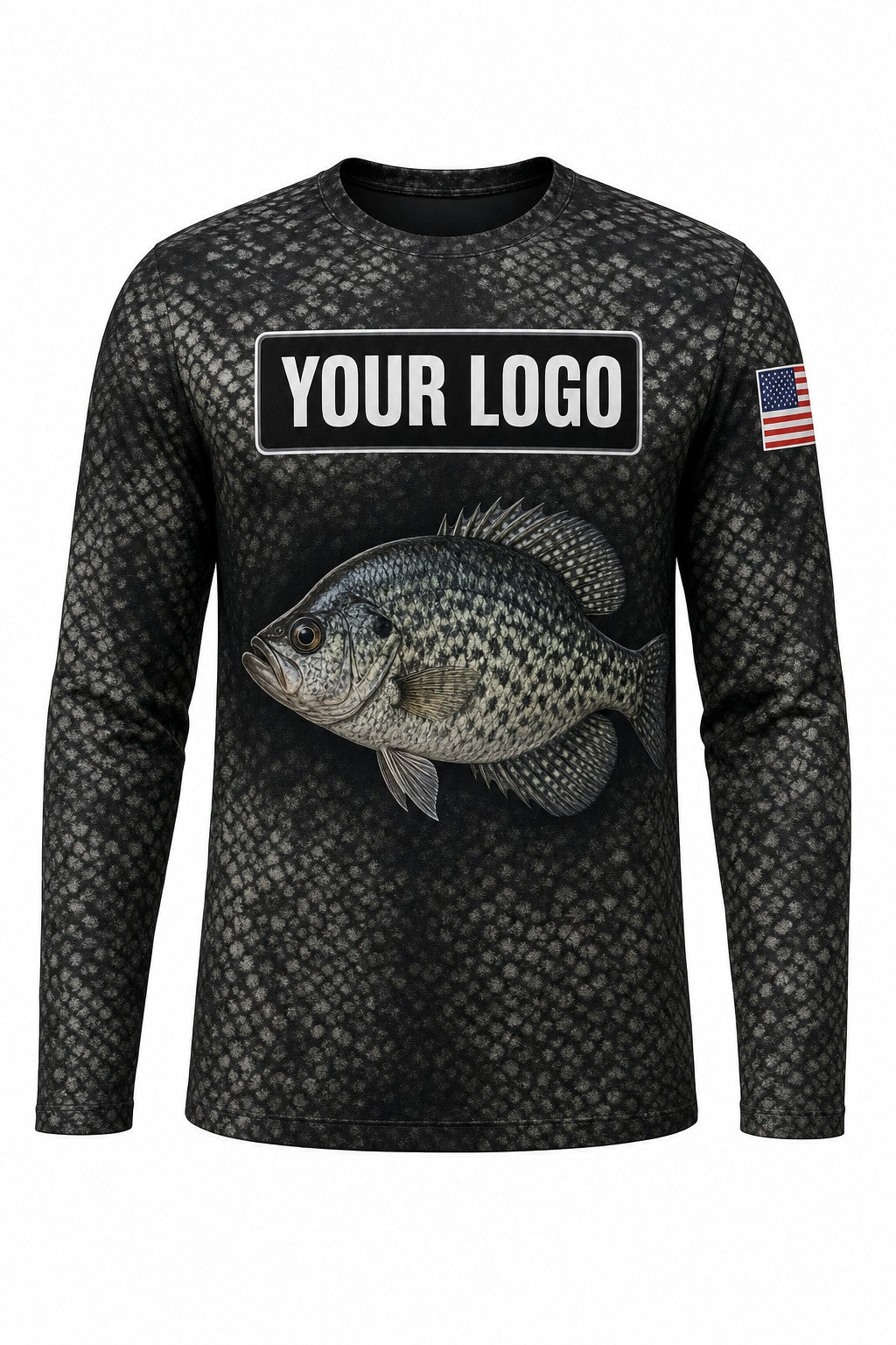 Crappie Scale Wrap Custom Fishing Team Uniform - front view, custom company logo all-over-print uniform