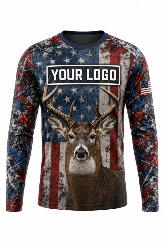 Deer American Flag Hunting Guide Crew Uniform - custom company logo all-over-print uniform