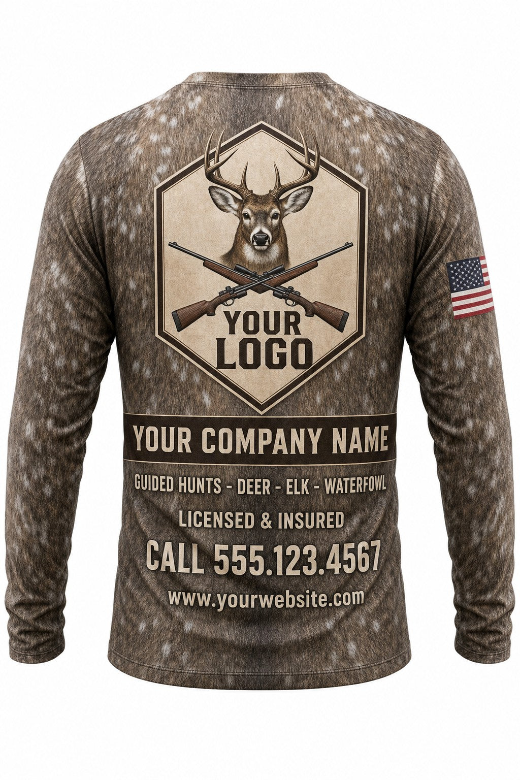 Deer Fur Wrap Custom Hunting Team Uniform - back view, custom company logo all-over-print uniform