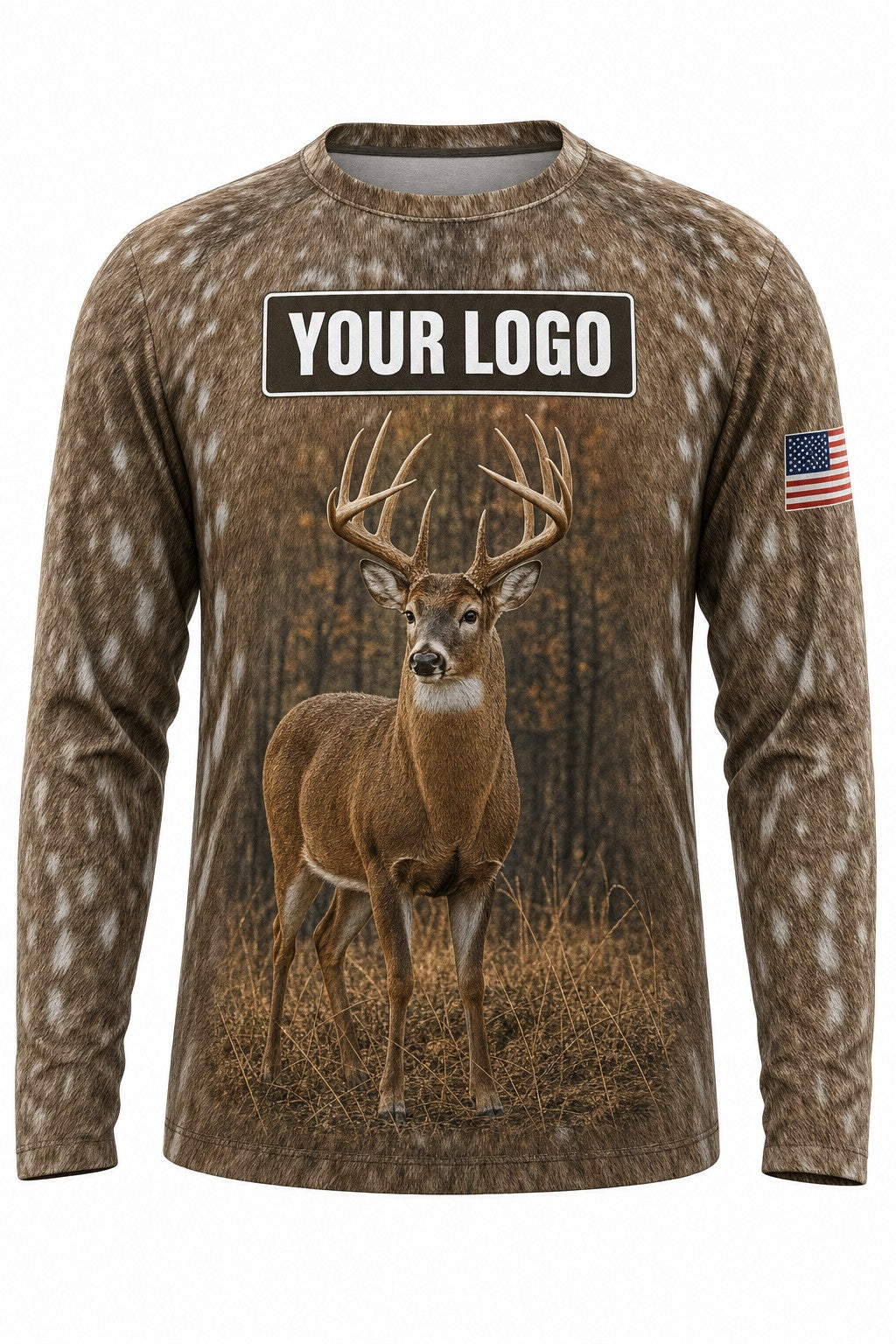 Deer Fur Wrap Custom Hunting Team Uniform - front view, custom company logo all-over-print uniform