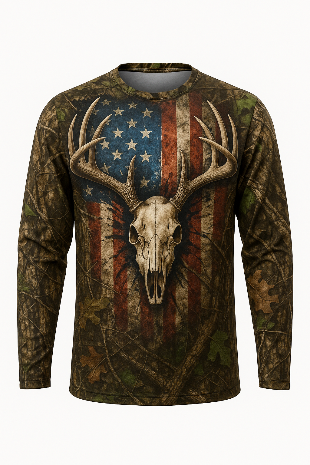 Whitetail Deer Skull American Flag Camo Shirt