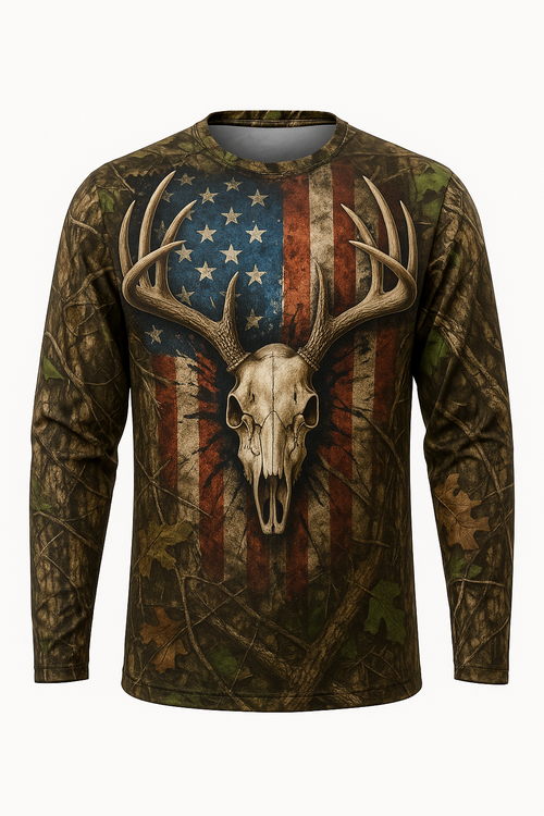 Whitetail Deer Skull American Flag Camo Shirt