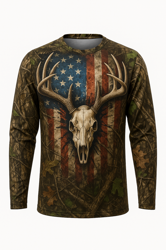 Whitetail Deer Skull American Flag Camo Shirt