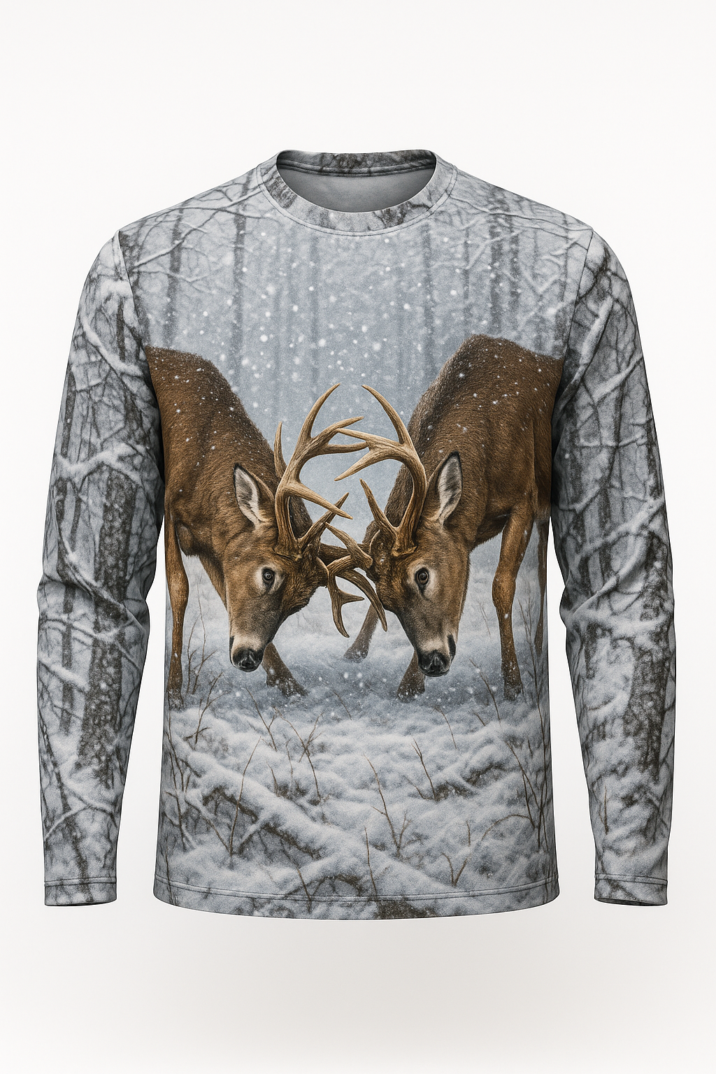 Sparring Bucks in Snow all over print long sleeve hunting shirt