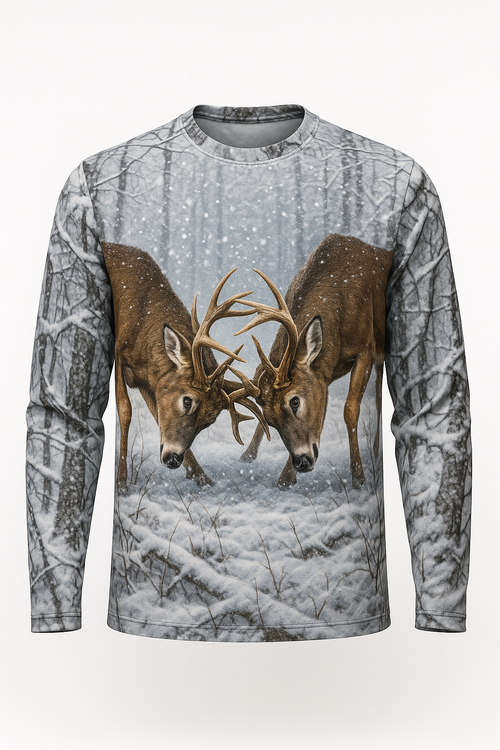 Sparring Bucks in Snow all over print long sleeve hunting shirt