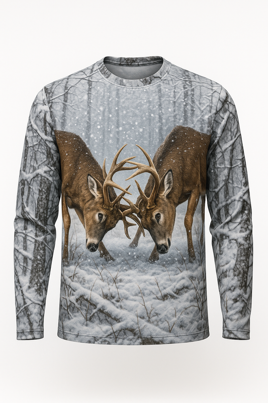 Sparring Bucks in Snow all over print long sleeve hunting shirt