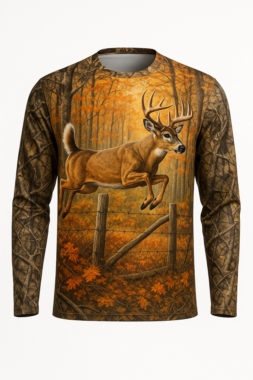 Buck Jumping Fence Autumn all over print long sleeve hunting shirt