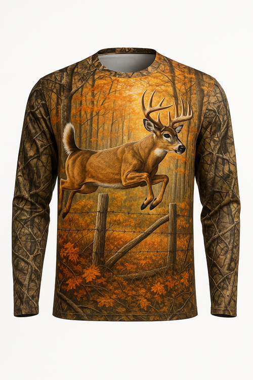 Buck Jumping Fence Autumn all over print long sleeve hunting shirt