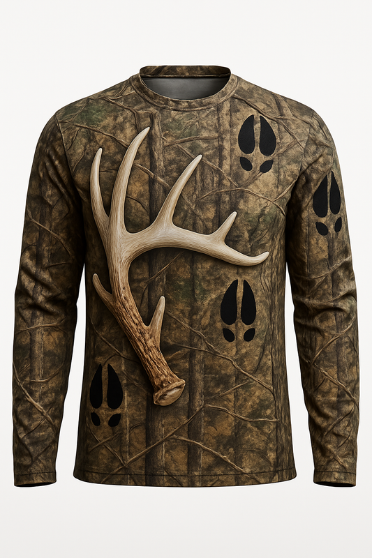 Antler Shed and Tracks all over print long sleeve hunting shirt