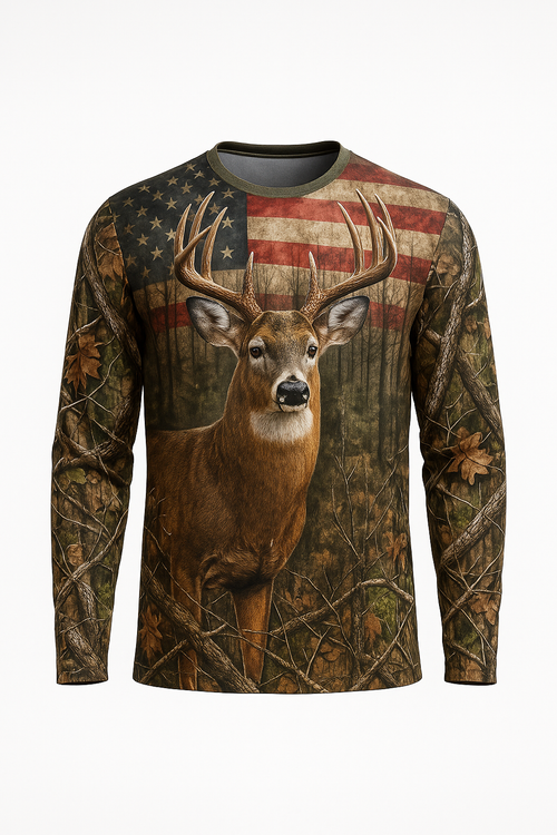 Patriotic Whitetail Buck all over print long sleeve hunting shirt