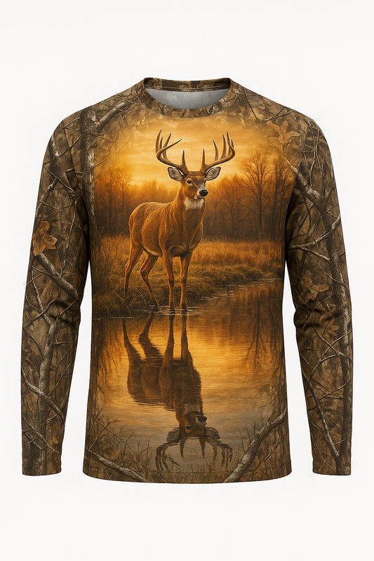 Buck at the Pond all over print long sleeve hunting shirt