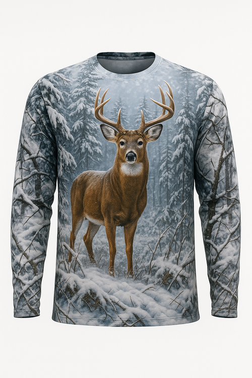Winter Whitetail Pines all over print long sleeve hunting shirt