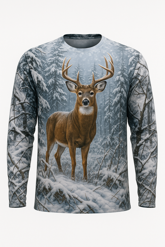 Winter Whitetail Pines all over print long sleeve hunting shirt