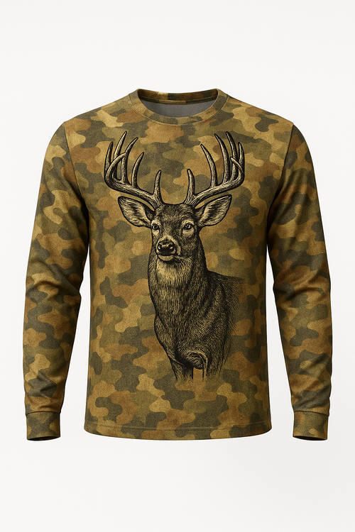 Vintage Woodcut Buck all over print long sleeve hunting shirt