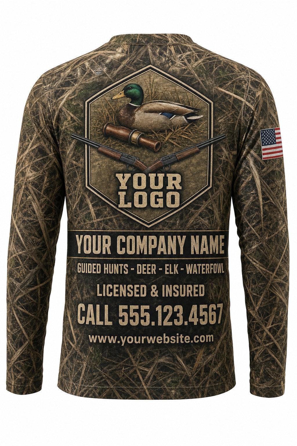 Duck Band & Call Custom Hunting Team Uniform - back view, custom company logo all-over-print uniform