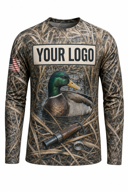 Duck Band & Call Custom Hunting Team Uniform - front view, custom company logo all-over-print uniform