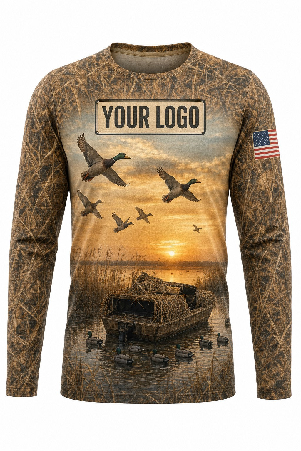 Duck Boat Sunrise Custom Hunting Team Uniform - front view, custom company logo all-over-print uniform