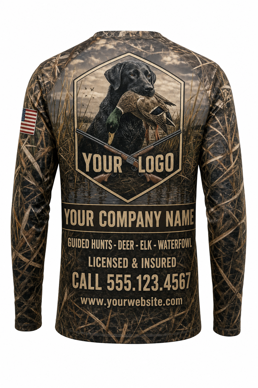Duck & Lab Retriever Custom Hunting Team Uniform - back view, custom company logo all-over-print uniform