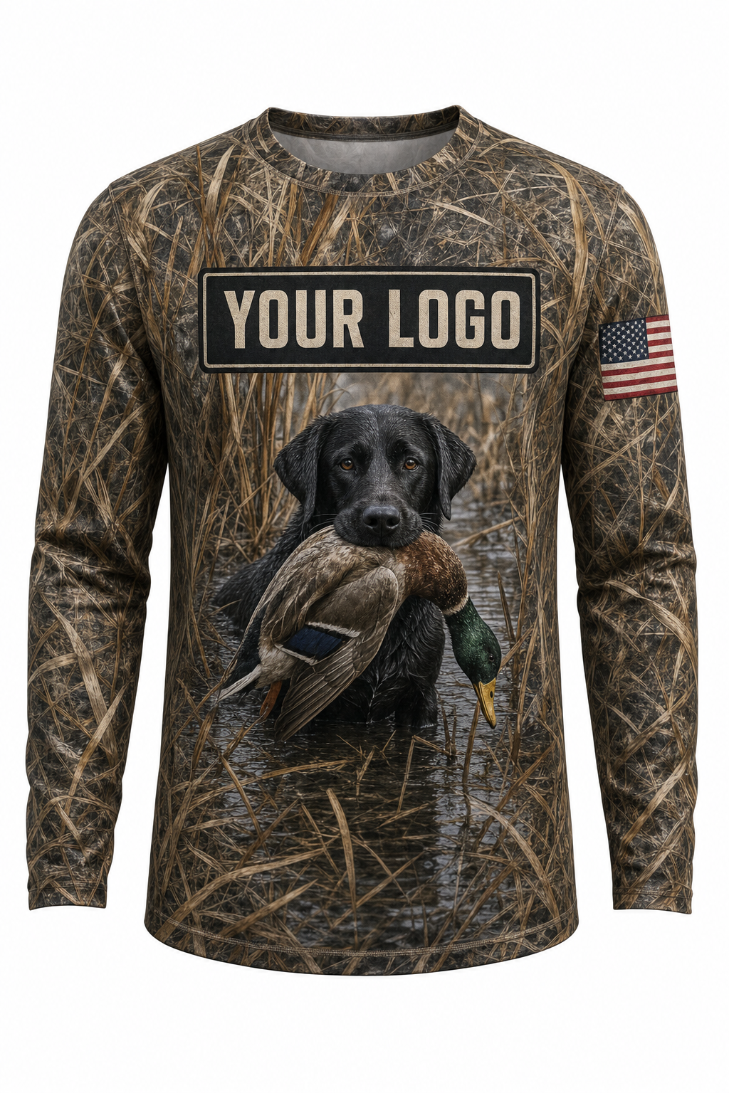 Duck & Lab Retriever Custom Hunting Team Uniform - front view, custom company logo all-over-print uniform