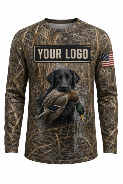 Duck & Lab Retriever Custom Hunting Team Uniform - front view, custom company logo all-over-print uniform