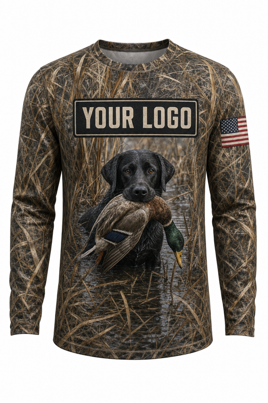 Duck & Lab Retriever Custom Hunting Team Uniform - front view, custom company logo all-over-print uniform