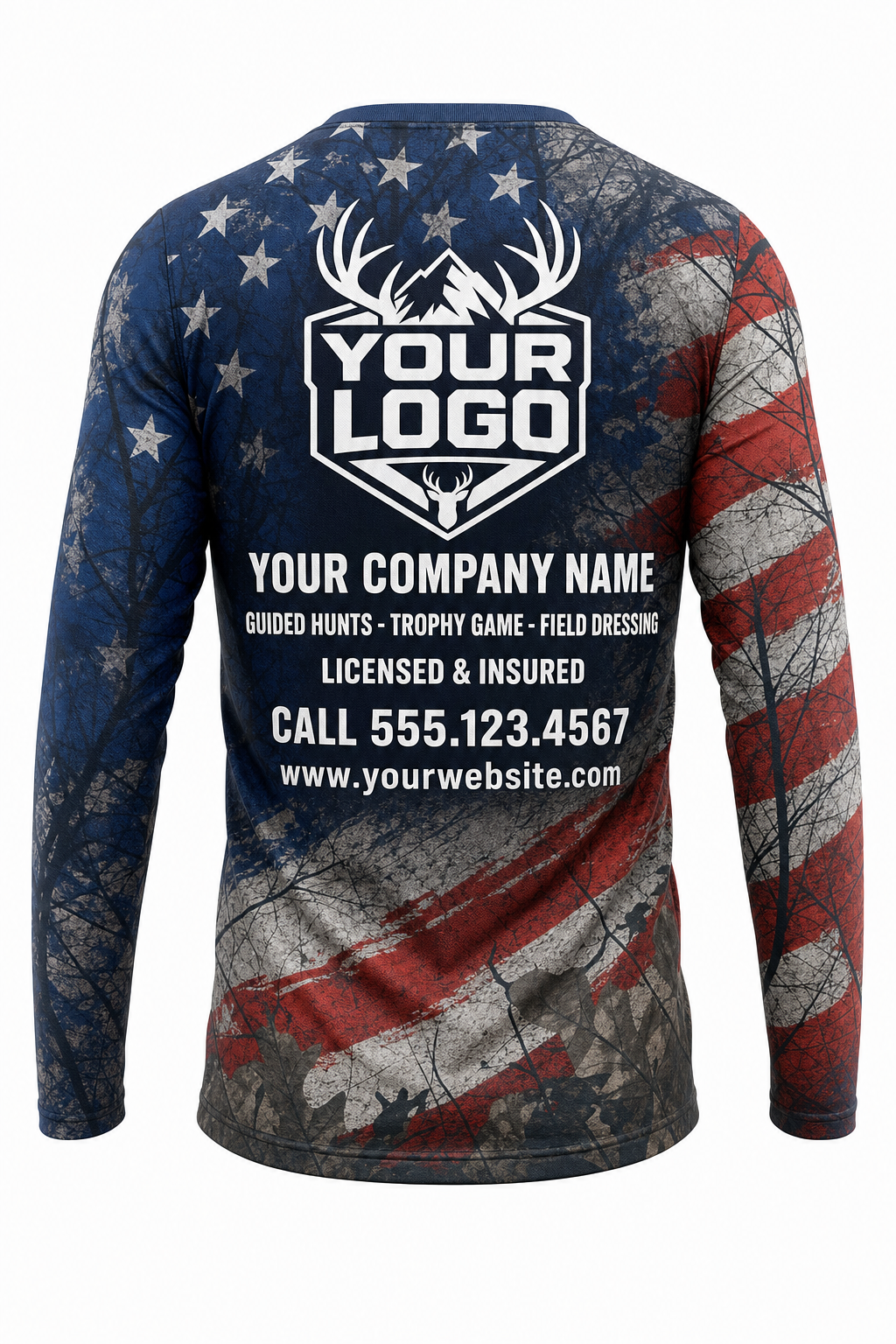 Elk American Flag Hunting Guide Crew Uniform - custom company logo all-over-print uniform