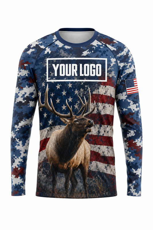 Elk American Flag Hunting Guide Crew Uniform - custom company logo all-over-print uniform