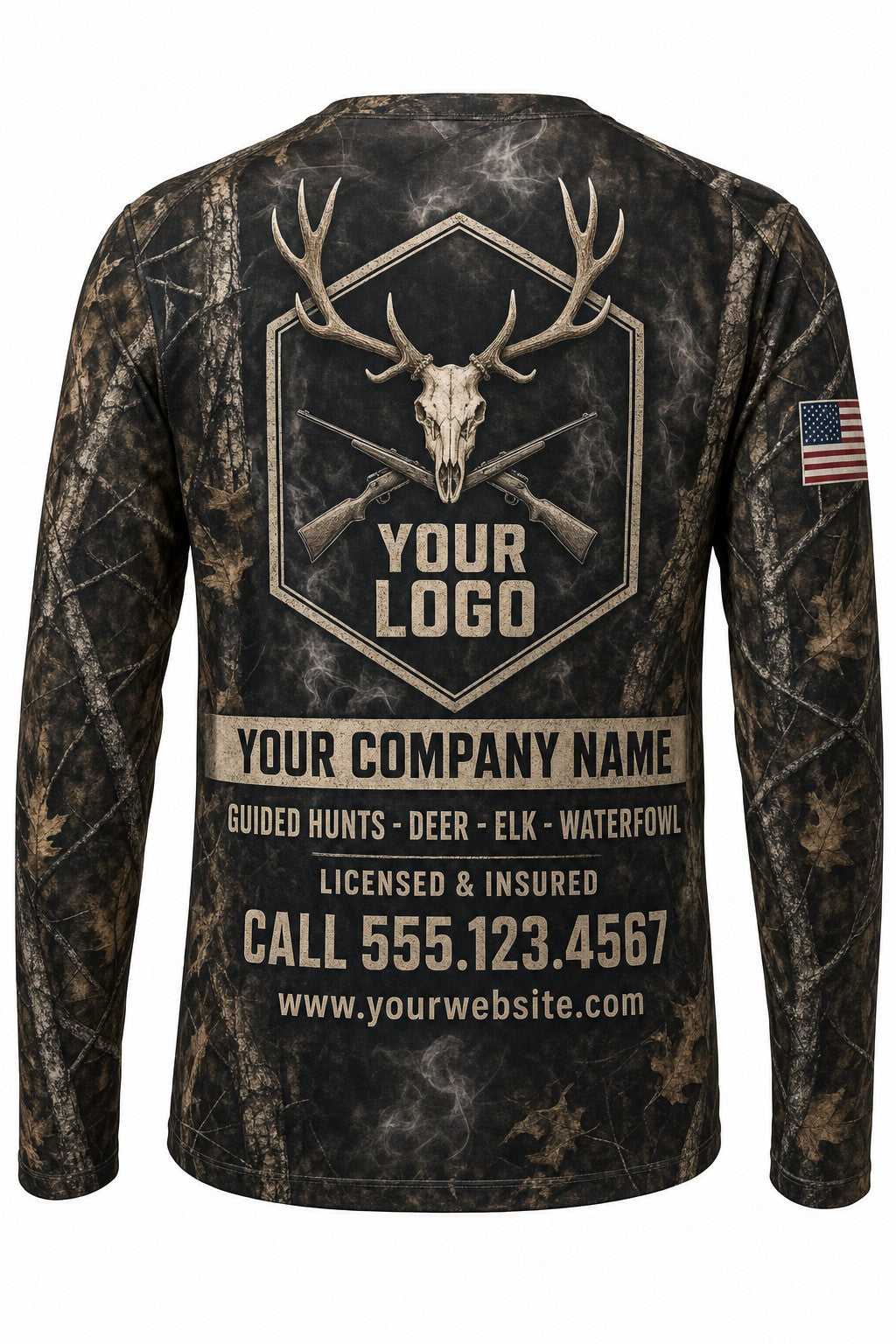 Elk Euro Skull Custom Hunting Team Uniform - back view, custom company logo all-over-print uniform