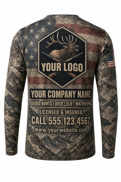 Elk Flag Custom Hunting Team Uniform - back view, custom company logo all-over-print uniform