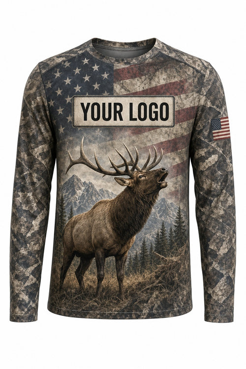 Elk Flag Custom Hunting Team Uniform - front view, custom company logo all-over-print uniform