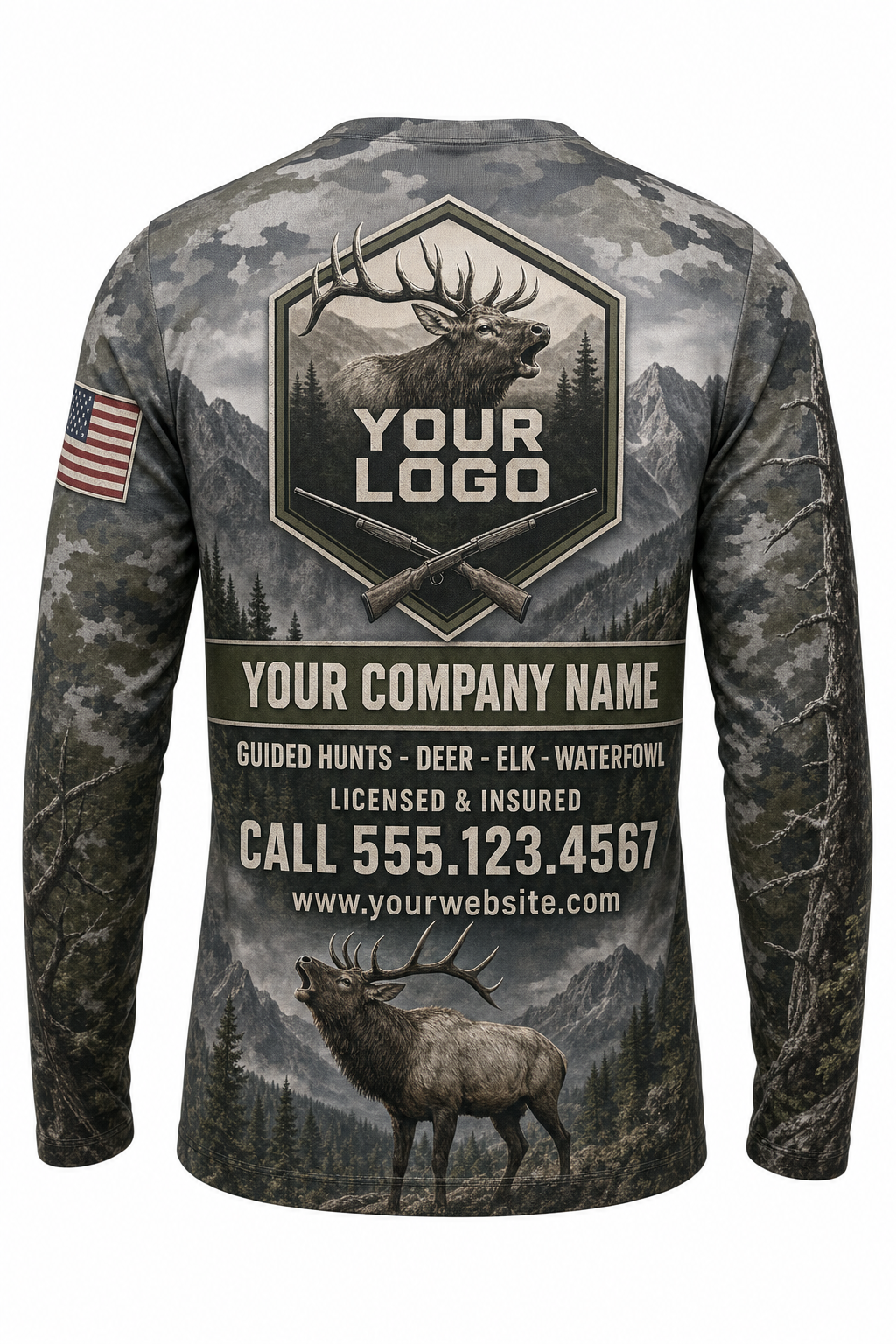 Bull Elk Mountain Custom Hunting Team Uniform - back view, custom company logo all-over-print uniform