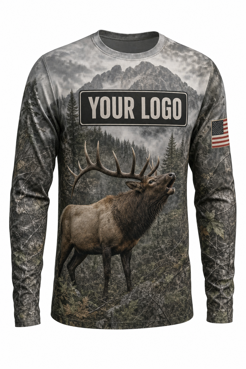 Bull Elk Mountain Custom Hunting Team Uniform - front view, custom company logo all-over-print uniform