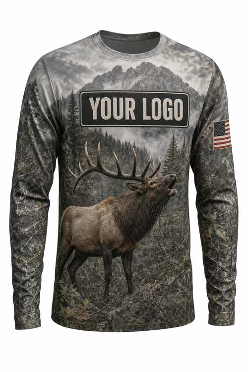 Bull Elk Mountain Custom Hunting Team Uniform - front view, custom company logo all-over-print uniform