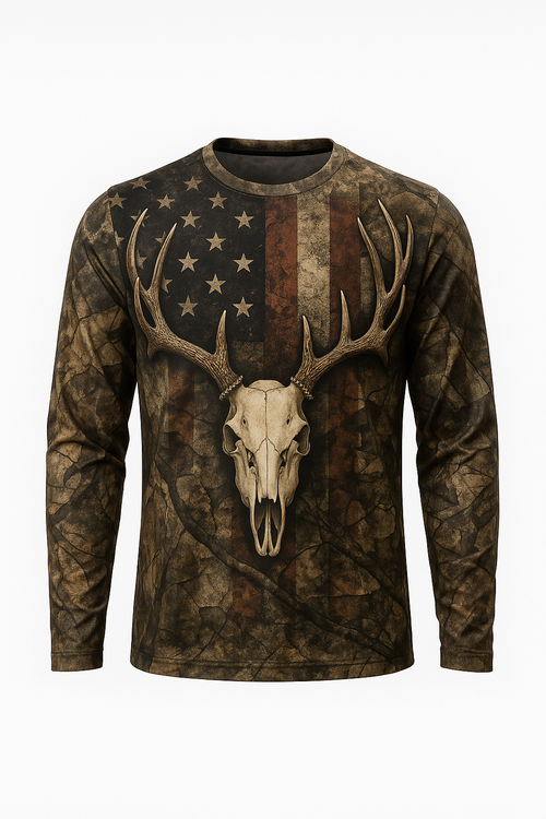 Elk Skull American Flag Camo Shirt