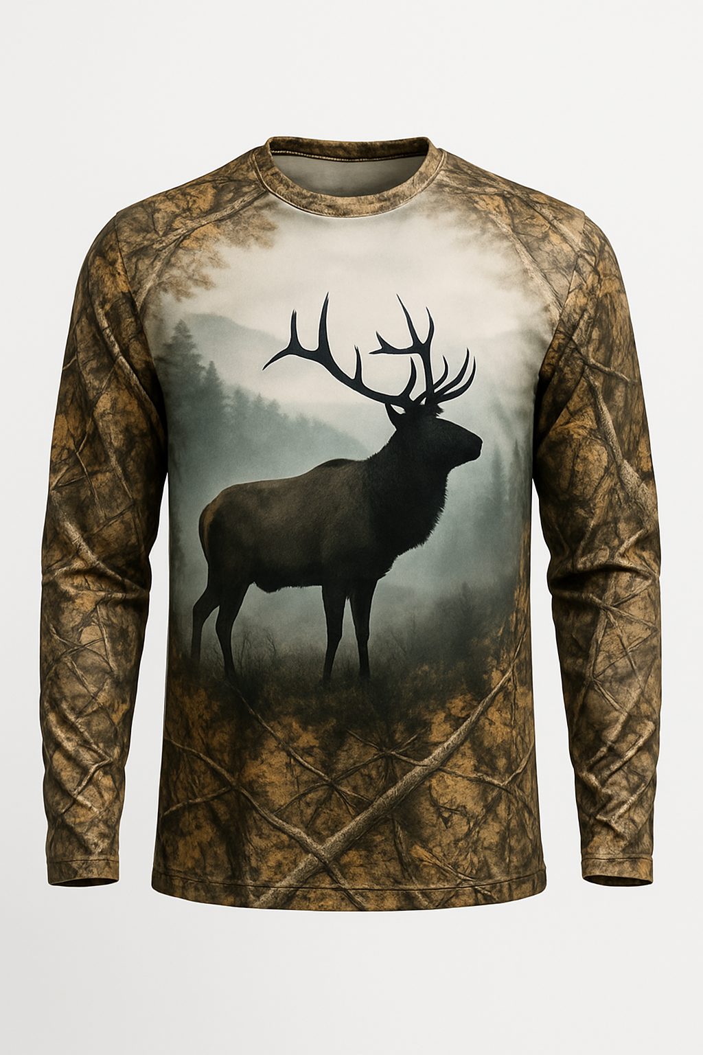 Elk in Mountain Fog all over print long sleeve hunting shirt