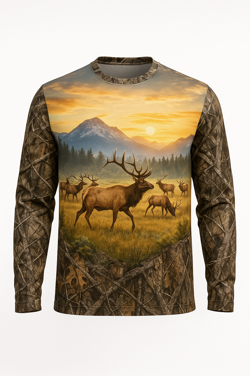 Elk Herd Alpine Sunrise all over print long sleeve hunting shirt