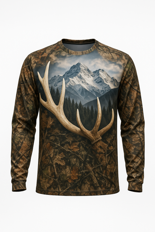 Elk Shed and Mountains all over print long sleeve hunting shirt