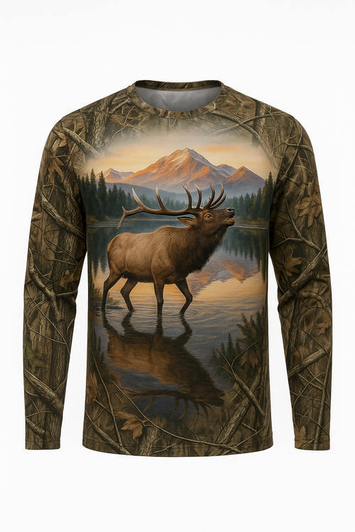 Bull Elk Lake Reflection all over print long sleeve hunting shirt