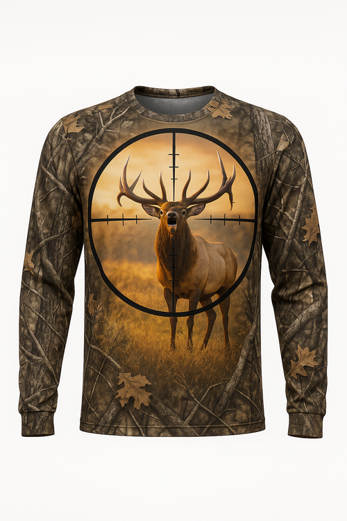 Elk in the Crosshairs all over print long sleeve hunting shirt