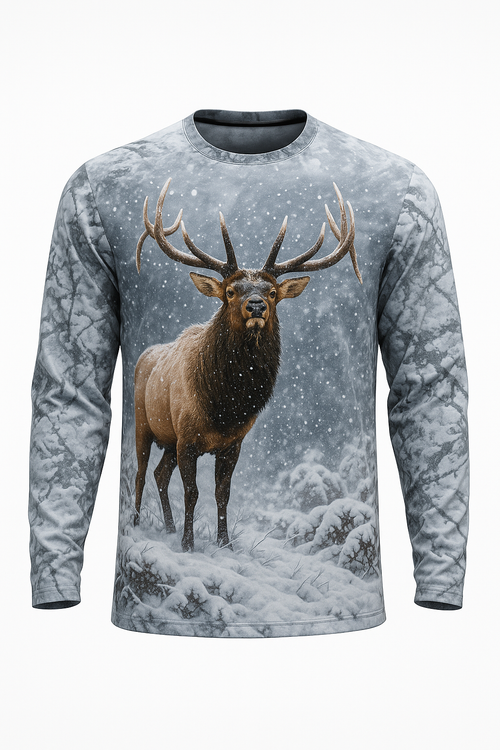 Winter Bull Elk Snow all over print long sleeve hunting shirt