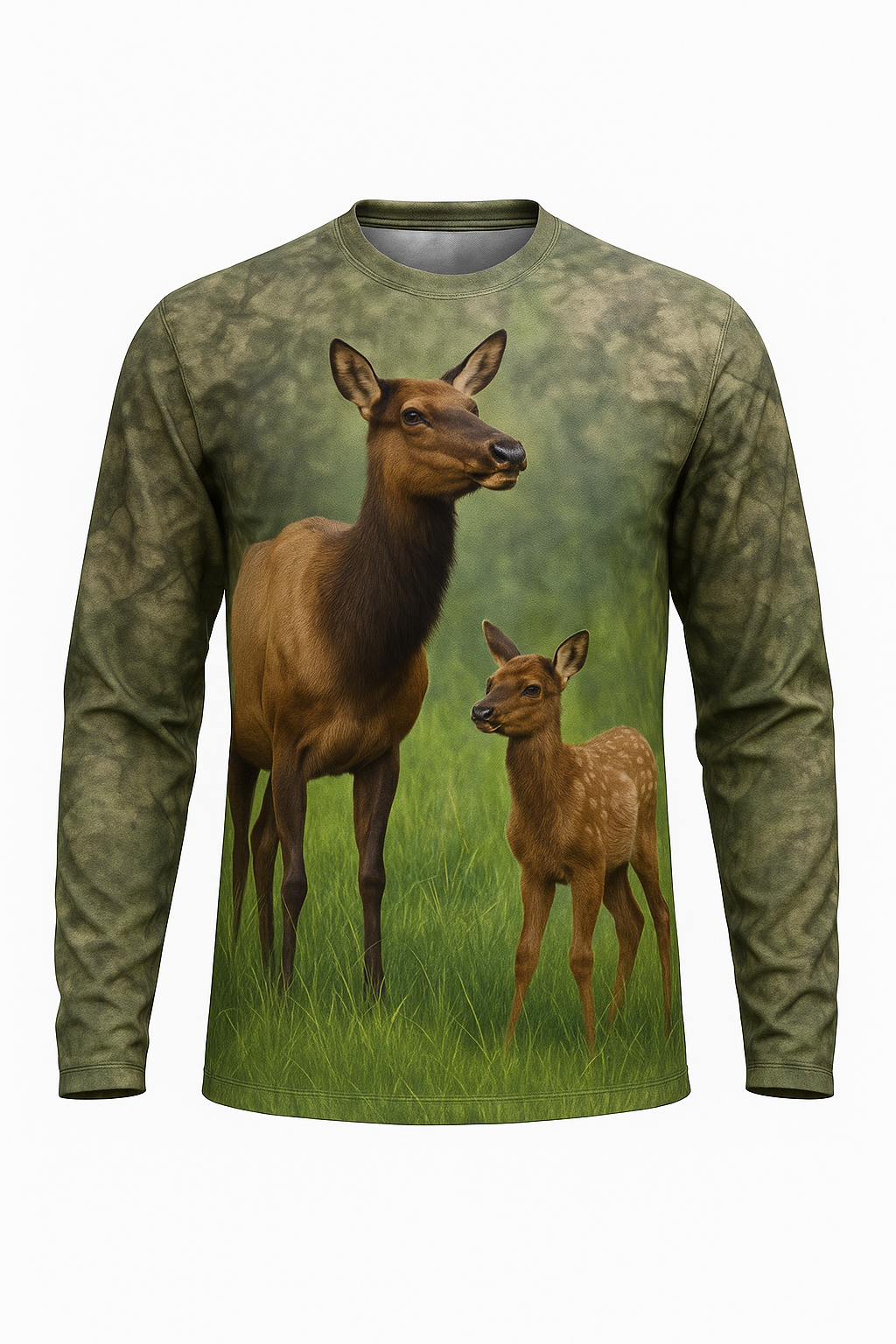 Cow Elk and Calf all over print long sleeve hunting shirt